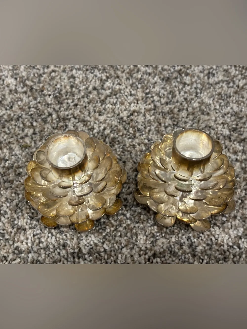 Pinecone Shape Candlestick Holders Set of 2 Vintage Silver-Plated Holiday Decor